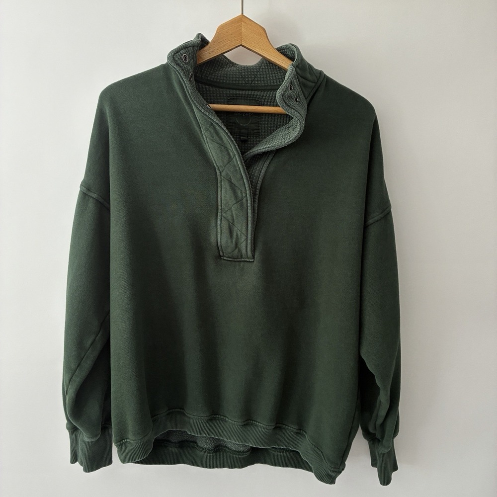 Aerie Oh Snap Sweatshirt Rugged Green Mock Neck Snap Pullover Fleece XS Cozy